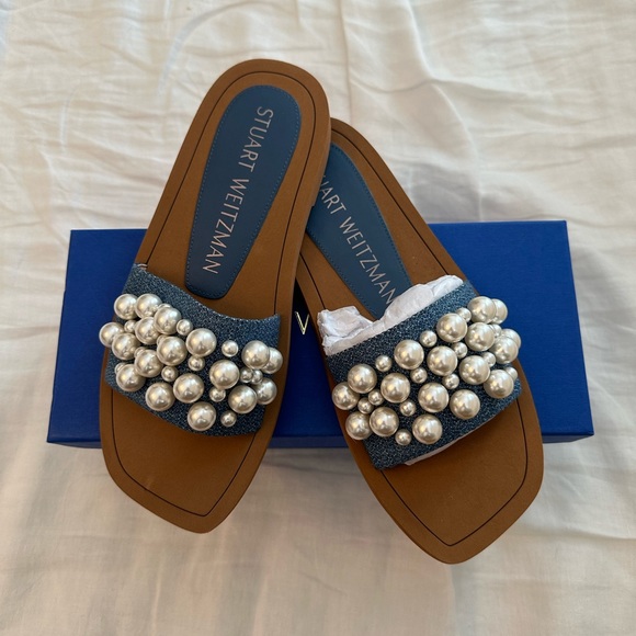 Stuart Weitzman Goldie Slide Size 36/5.5 Denim/Pearl - Picture 1 of 3